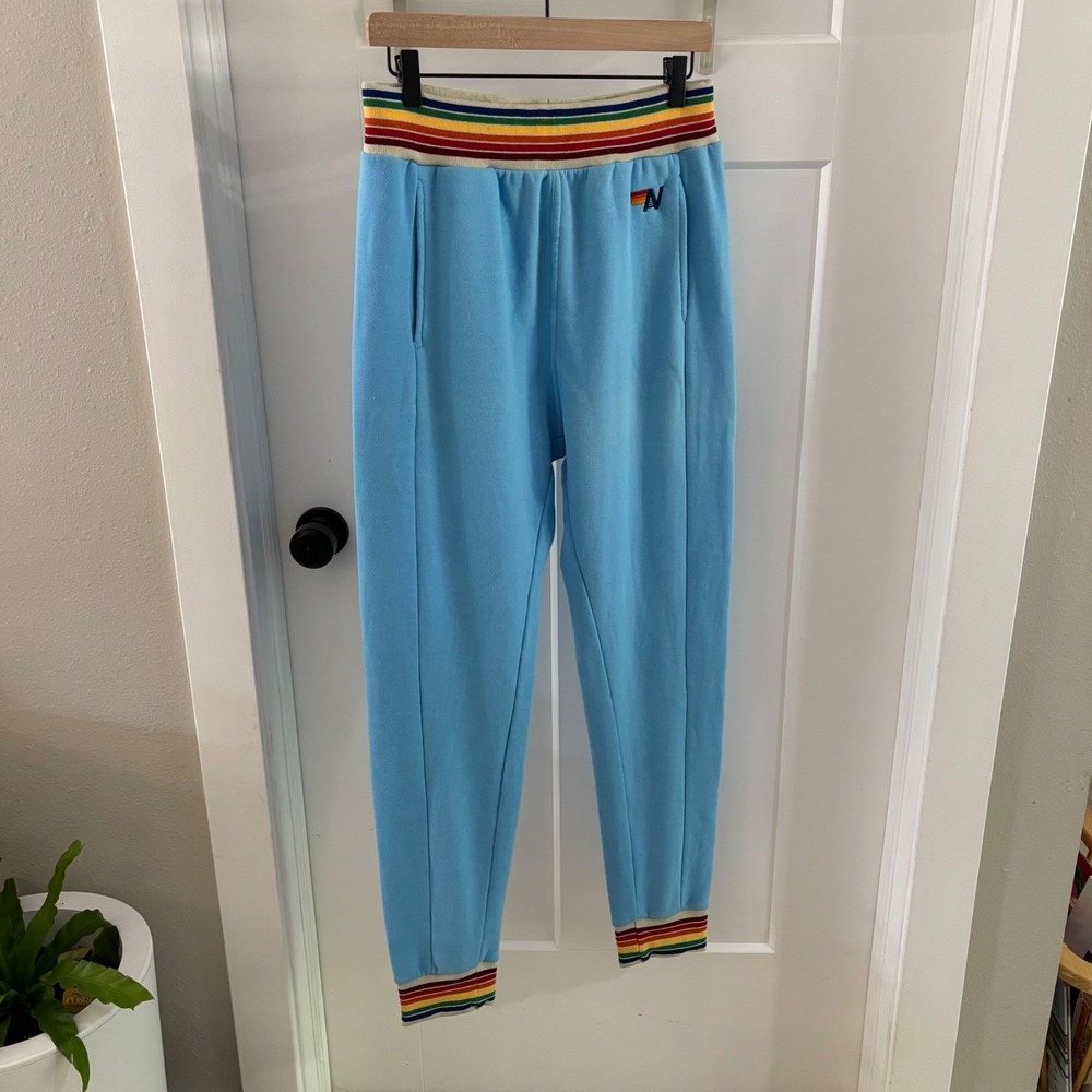 Aviator Nation Women's Size Large‎ Lounge Jogger Rainbow Rib Sweatpant in Sky